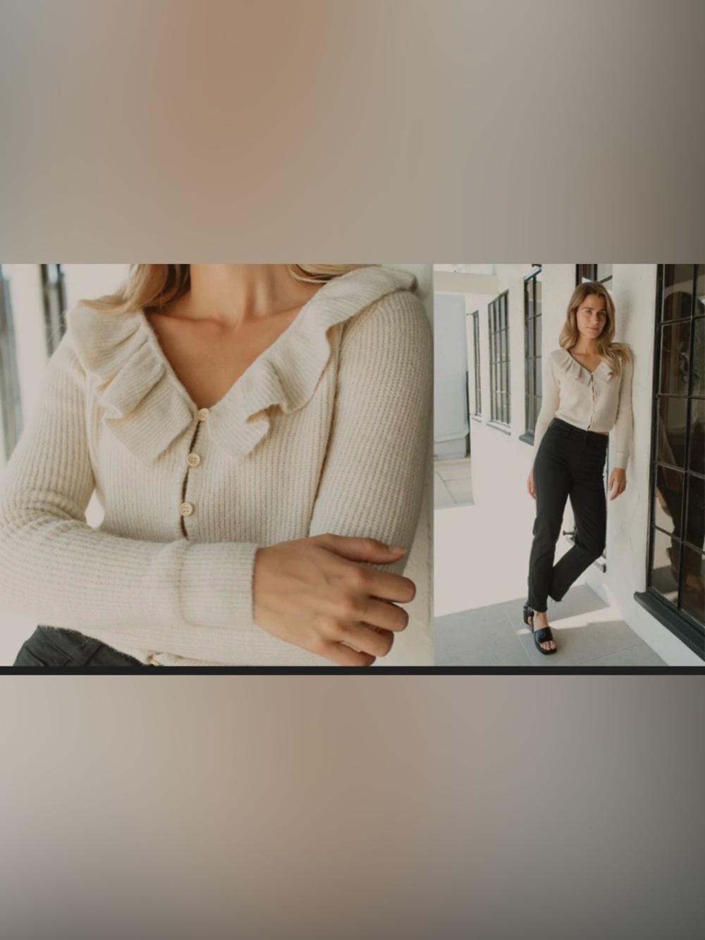 Carly Jean Los Angeles Cream Ruffle V-Neck Button Cardigan